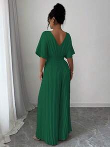 Mono de mujer elegante con cuello en V profundo, mangas tipo murciélago y plisados, de unicolor - Verde Oscuro - Ver 4