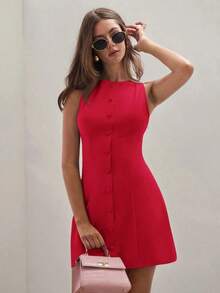 1 pieza Vestido casual mini de mujer de un solo botón, cuello redondo, sin mangas, de un solo color - Rojo - Ver 1