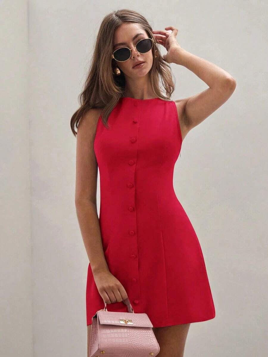 1 pieza Vestido casual mini de mujer de un solo botón, cuello redondo, sin mangas, de un solo color - Rojo - Ver 1
