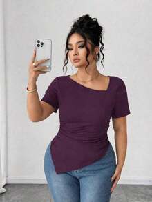 Camiseta de manga corta de cuello asimétrico para mujer talla grande, top ajustado versátil y elegante de alta gama, adecuado para primavera/verano - Morado - Ver 9