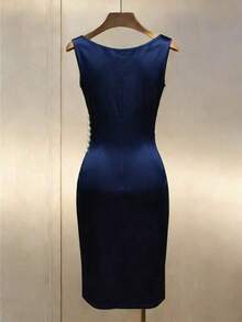 Vestido ajustado sin mangas con cuello drapeado de satén color dorado champán - Azul marino - Ver 2