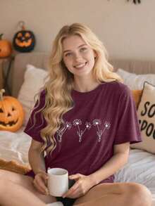 Casual Burgundy Short Sleeve Round Neck T Shirt Regular Fit Slight Stretch Knitted Tee For Women,Only One Short-Sleeve Shirt - 粉紅色一件裝-3 - 查看 10