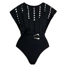 New Sexy Hollow-Out Hot Girl Style One-Piece Swimsuit With Short Skirt Set For Women - Batwing Sleeve Swimsuit - View 4