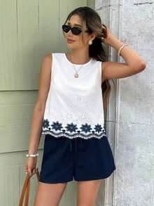 Set de 2 piezas de top sin mangas y shorts para mujer, de moda para el verano - Azul marino - Ver 5