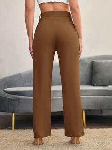 Pantalones rectos casuales lisos para mujer, para uso diario en otoño/invierno - Marrón 2 - Ver 2
