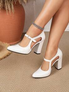 Women's High Heel New Spring/Summer Pointed Toe Single Strap Hollow Out Mid Heel Sandals, Chunky Heel Closed Toe Fashion Splice Autumn Shoes - White - View 6