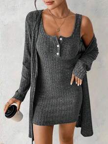Women's Sexy 2pcs Dress Set, Blue, Autumn/Winter - 深灰色 - 查看 5