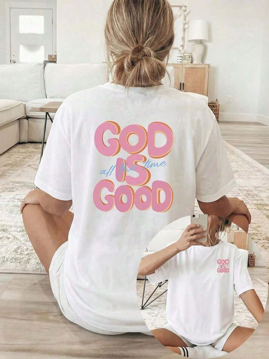 Women's Short-Sleeved Summer T-Shirts With A Double-Sided Print On The Front And Back, Short Sleeves, And A Crew Neck. Features A 3D Pink Print Of The Phrase "GOD IS GOOD". Made From Breathable, Machine-Washable Fabric, Suitable For Year-Round Comfort. 100% Cotton Graphic T-Shirts For Women. - 白色 - 查看 1