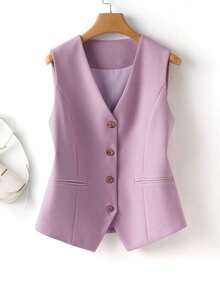 Chaleco liso para mujer, chaqueta de cuello en V, primavera/otoño, ropa de oficina de moda para verano - Púrpura malva - Ver 11