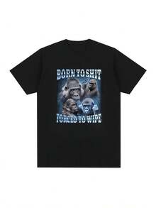 Men's Plus Size Anime T-Shirt Born To Forced To Wipe Funny Gorilla Graphic T-Shirt Fashion Short Sleeve T-Shirt Casual Men's Plus Size T-Shirts - 黑色 - 查看 1