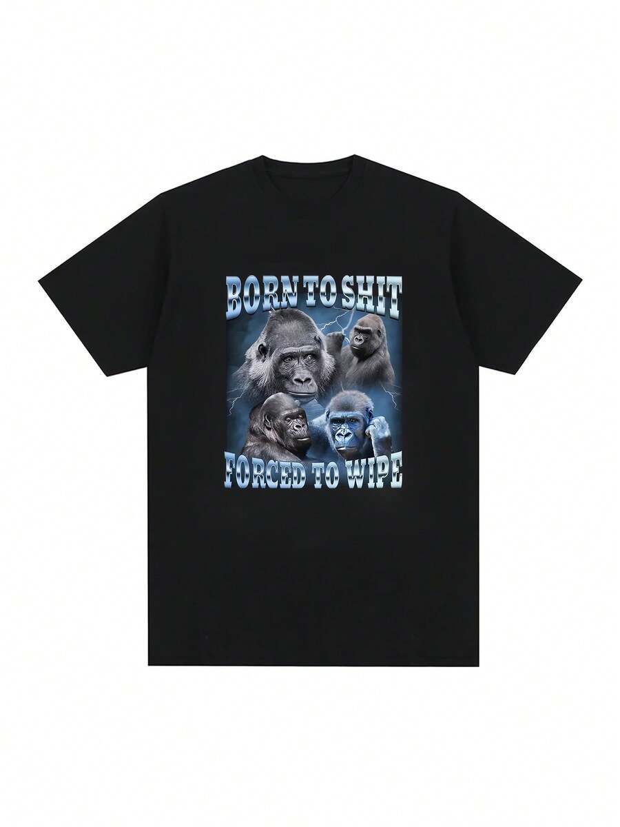 Men's Plus Size Anime T-Shirt Born To Forced To Wipe Funny Gorilla Graphic T-Shirt Fashion Short Sleeve T-Shirt Casual Men's Plus Size T-Shirts - 黑色 - 查看 1