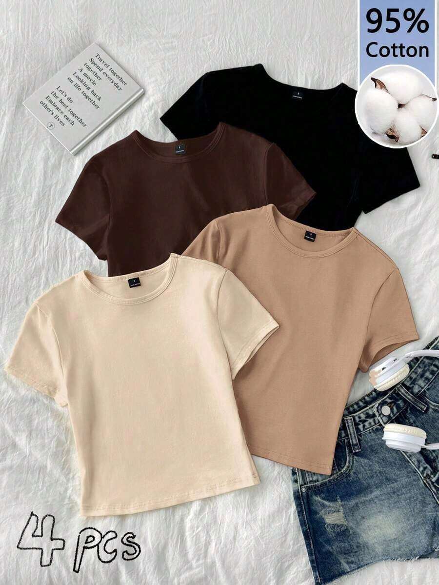 Set de 4 camisetas ajustadas de mujer de manga corta, cuello redondo y estilo raglan, adecuadas para el verano - Multicolor 2 - Ver 1