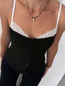 Camiseta de tirantes de uso diario versátil y casual con parches de encaje para mujer - Blanco y Negro - Ver 5