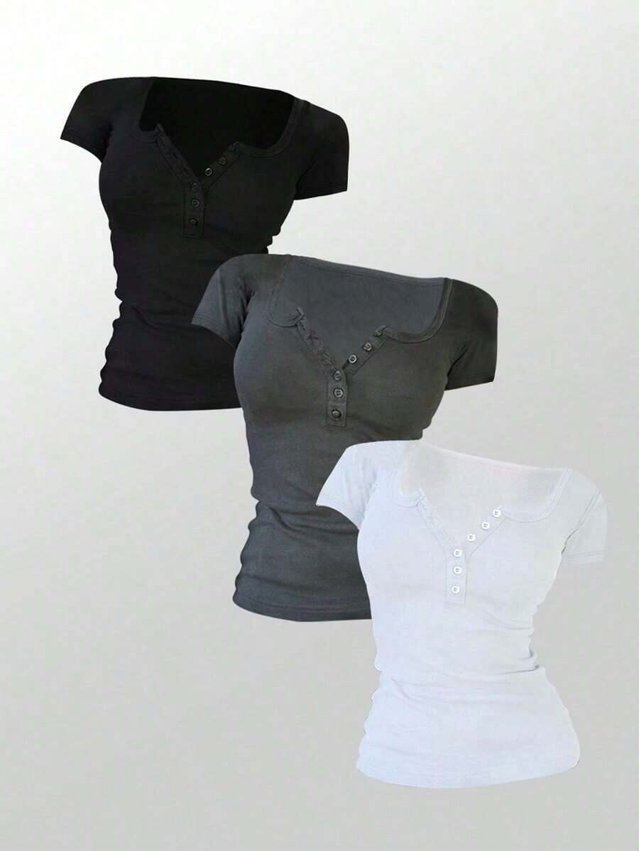 3 piezas Camisetas de manga corta casuales y versátiles de unicolor con pliegues para mujer - Multicolor 3 - Ver 1
