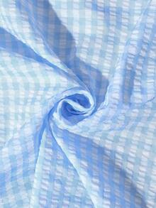 Camisa de mujer casual de manga corta raglán a rayas texturizada azul y blanca, de verano - Azul - Ver 6