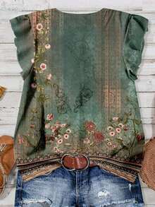 Blusa casual con cuello en V, estampado floral y volante en el bajo, adecuada para el verano - Multicolor 6 - Ver 2