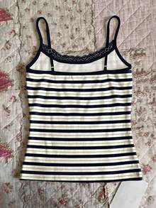 Top de tirantes casual de mujer con patchwork de encaje y rayas - Multicolor 6 - Ver 2