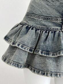 Falda de mezclilla de moda para mujer con diseño de cintura con botones y dobladillo con doble volante - Azul lavado oscuro 2 - Ver 7