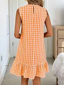 Vestido de verano estilo bohemio con cuello redondo sin mangas y corte evasé a dos colores a cuadros, vestido esencial para vacaciones y uso diario al aire libre - Multicolor 2 - Ver 2