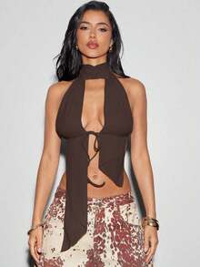 Top halter de malla con cuello alto, espalda abierta y recortes sexy, top sin espalda, atuendos de vacaciones para mujer, atuendos de verano para mujer, de moda, atuendos para ir de fiesta, tops sexy - Café integral - Ver 6