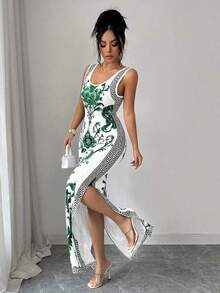 Exquisita bata de estilo retro de lujo con estampado de chinoiserie, cintura ceñida y abertura en el bajo, al estilo de Oriente Medio y los Emiratos Árabes Unidos - Multicolor - Ver 7