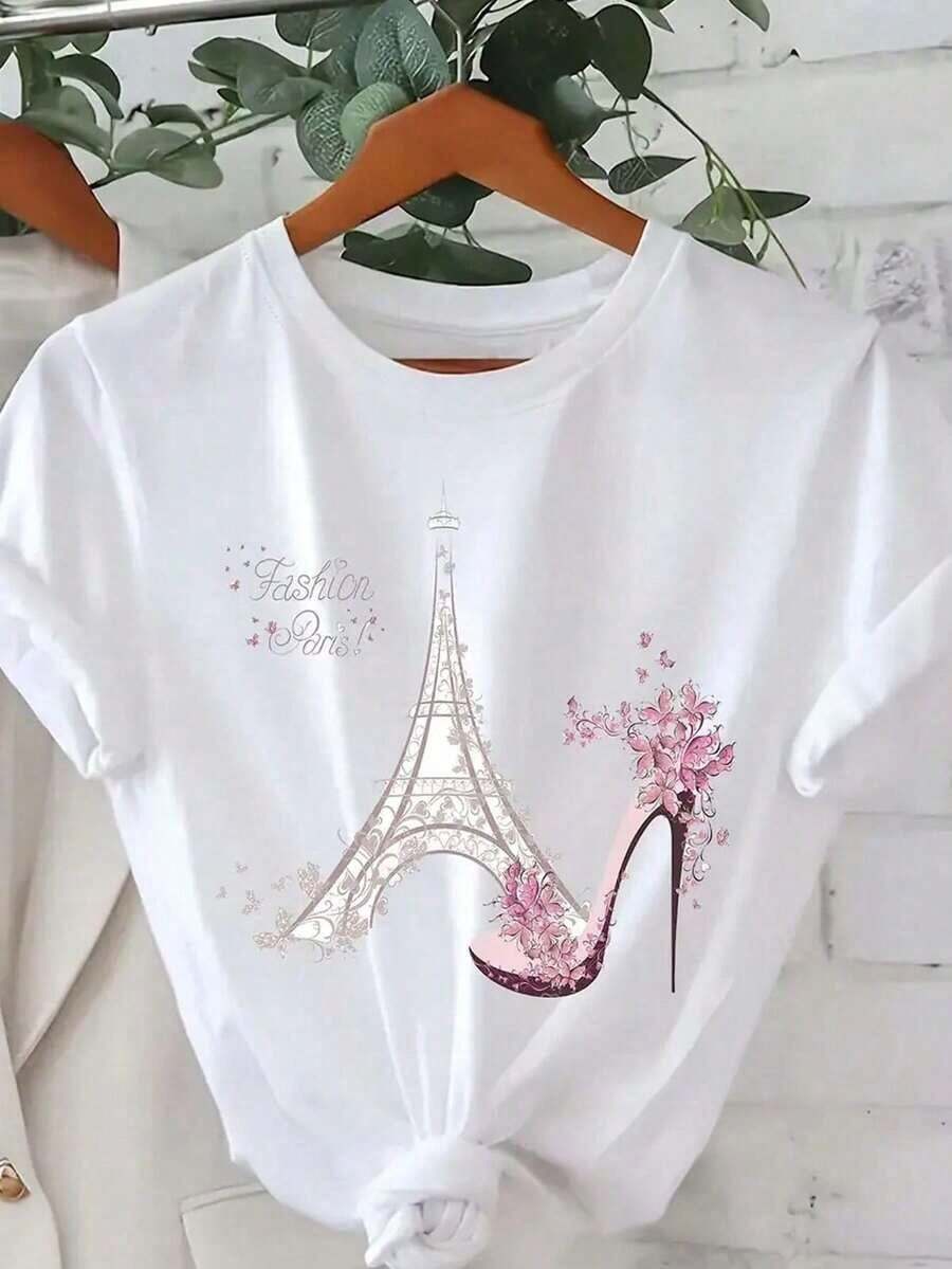 Camiseta básica para mujer de cuello redondo y manga corta con estampado, camisetas gráficas de uso casual diario-Vintage Street Style Unisexoose Cotton Short Sleeve Crew Neck T-Shirt - Blanco - Ver 1