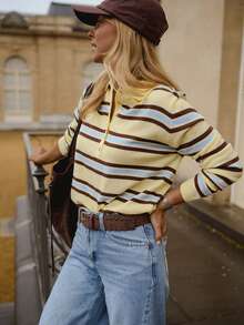 Top de punto con cuello polo a rayas para mujer, suéter de manga larga estilo vintage americano de otoño, adecuado para volver a la escuela, uso diario y streetwear - Amarillo - Ver 4