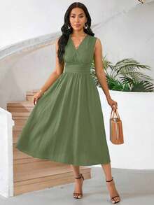 Vestido veraniego sin mangas de mediana longitud para mujer, de tela tejida con textura en color verde - Verde militar - Ver 6