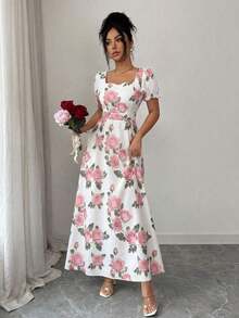 YHHSHEIN Elenzya Vestido midi de manga corta con estampado de rosas rojas sobre base blanca, elegante y versátil para uso diario, vacaciones, citas, San Valentín, estilo francés retro, fiestas y primavera temprana/primavera-veranoYHH - Rosa - Ver 3