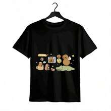 Tops para mujer de Mujer con Estampado de Capibara, Linda  Casual de Algodón de Manga Corta y Cuello Redondo, Top de Ajuste Regular con Elasticidad Media para Uso Diario, Estilo Urbano - Negro - Ver 1