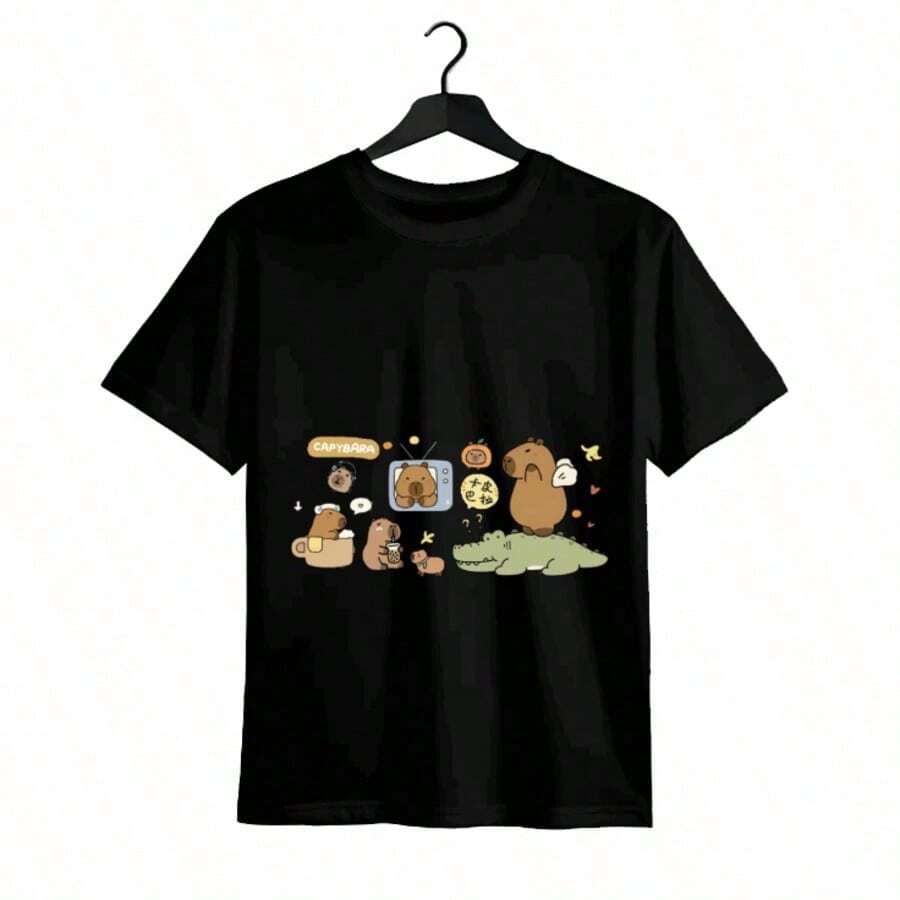 Tops para mujer de Mujer con Estampado de Capibara, Linda  Casual de Algodón de Manga Corta y Cuello Redondo, Top de Ajuste Regular con Elasticidad Media para Uso Diario, Estilo Urbano - Negro - Ver 1