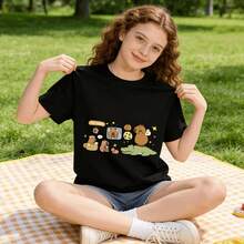 Tops para mujer de Mujer con Estampado de Capibara, Linda  Casual de Algodón de Manga Corta y Cuello Redondo, Top de Ajuste Regular con Elasticidad Media para Uso Diario, Estilo Urbano - Negro - Ver 6
