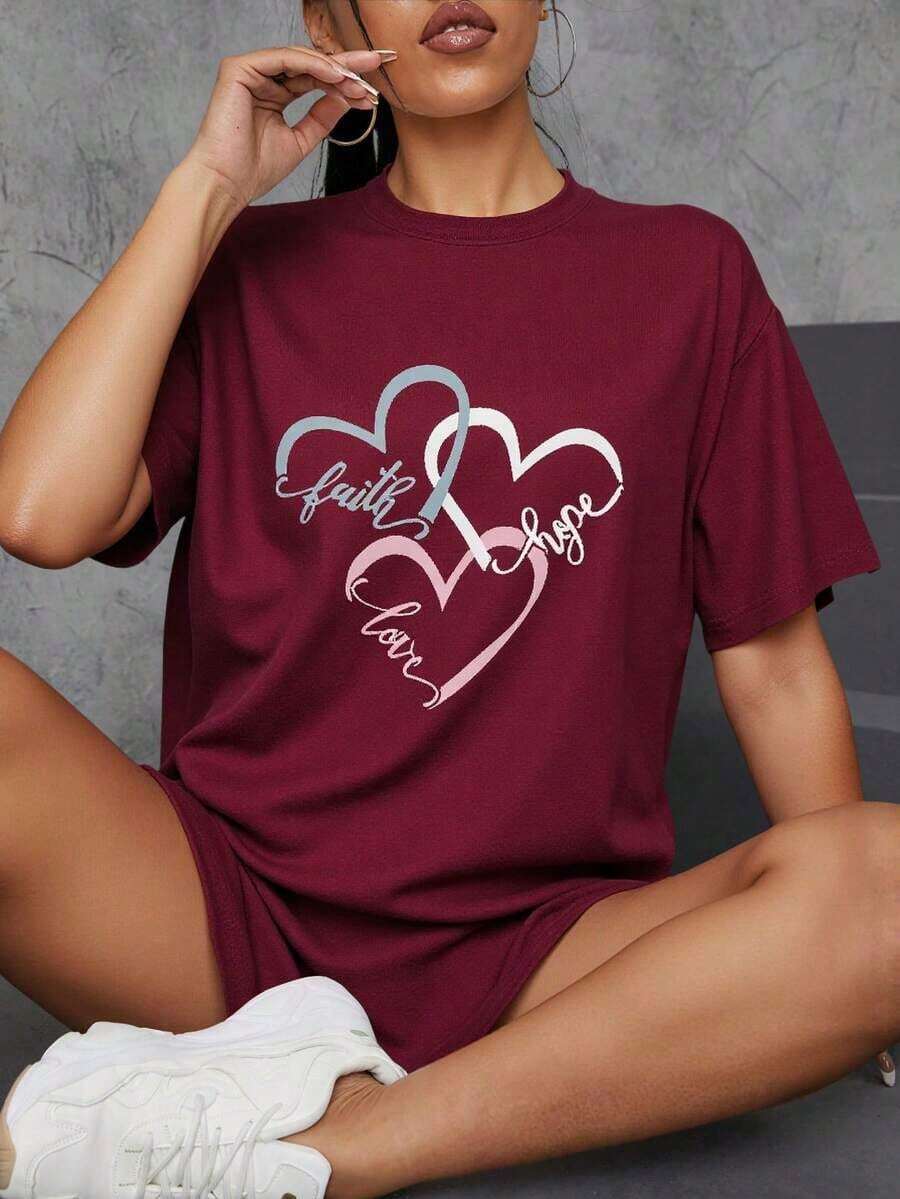 Camiseta Deportiva Casual con Letras para Oficina y Hogar - Burdeos - Ver 1