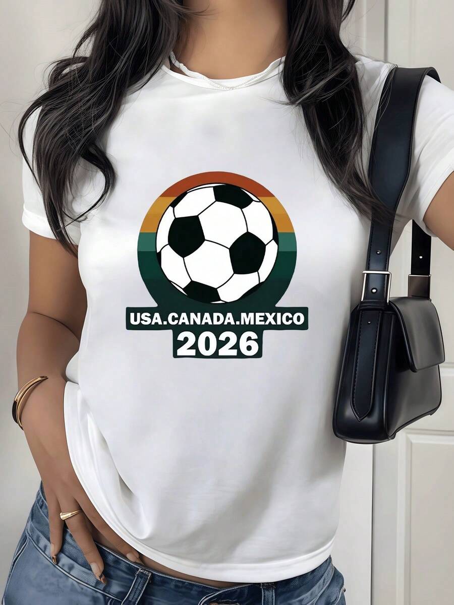Soccer Ball Surrounded By Stripes In Warm Tones That Symbolize The Sporting Union Between North American Countries And The Passion For The World Cup. Women's Casual Modern Comfortable T-Shirt For Soccer Fans 2026 - 白色 - 查看 1