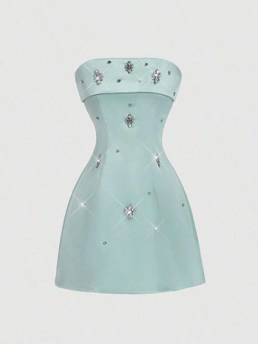 MOD Vestido mini elegante rosa con adornos de strass - Verde - Ver 1