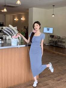 Y6Y 法国蓝女士春夏性感修身中长款方领连衣裙，优雅 - 霧霾藍 - 查看 4