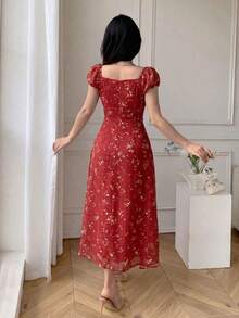 Vestido largo de verano con cuello en V, estampado floral y cintura ceñida - Celeste - Ver 8