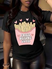 Papas fritas dentro de una caja rosa con corazones simbolizan amor propio y amistad entre mujeres con mensaje divertido que expresa confianza y alegría camiseta de mujer casual moderna - Negro - Ver 8