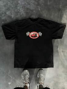 Men's Disney Cars Lightning McQueen Tee, Retro Piston Cup Print, Loose Fit, Casual Streetwear. - 黑色 - 查看 4