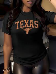 Toro con cuernos extendidos simboliza fuerza y espíritu libre acompa?ado del nombre Texas resaltando orgullo por la cultura del suroeste camiseta de mujer casual moderna y cómoda para uso diario - Negro - Ver 8