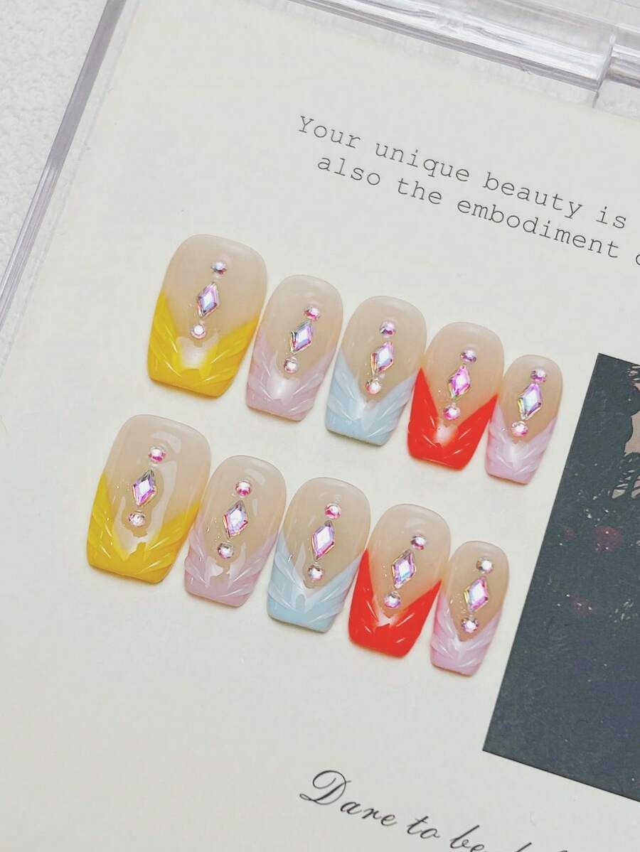 10pcs Handmade Nails Square Nail Tips Acrylic Press On Nails Medium, Western Nails Pink Nails, V-Shape French Tip Nails, Diamond Inlaid, European & American Style Luxury Fall Press On Nails, Y2K Baddie Goth Junk Aesthetic, Winter Nails DIY False Nail Art Party Daily & Dating Use Beach Tropical Getaway Suitable Reusable, For Women & Girls As Gift Nail Supplies - Multicolor - View 1