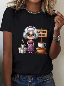 Talla Grande - Camiseta Divertida con Estampado de Amante del Café para Mujer - Camiseta Suave y Transpirable de Corte Holgado con Texto "Reina del Café" - Camiseta Casual de Uso Diario para Mujer - Regalo Perfecto para Amantes del Café y Abuelas - Top Casual para Todas las Temporadas, Ropa Casual, Estampado de Dibujos Animados, Material Cómodo, Camiseta de Manga Corta, blusas para mujer, Camisetas Gráficas de Verano para Mujer, Camiseta Casual Estampada para Mujer, Manga Corta y Cuello Redondo, Moda Urbana Local de Primavera/Verano. - Negro - Ver 3
