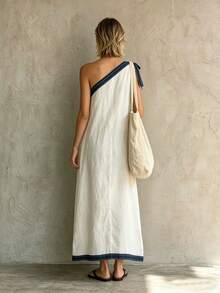 New 2026 Elegant Long Dress For Women With Contrasting Color Bow Back - Putih - View 2
