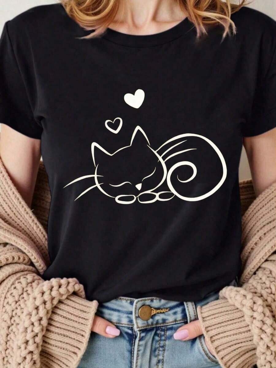 Women's Short-Sleeved T-Shirt, 100% Cotton, With Cat Print, American Style, Versatile, Casual, For Going To Work, Breathable, For Summer, Goes With Everything. - 黑色 - 查看 1
