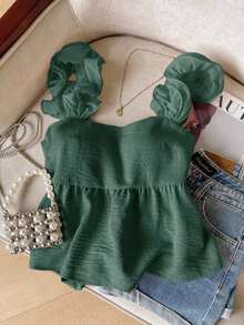 Frenchy Camiseta de tirantes de mujer con volantes de unicolor y parches, con detalle de nudo en la espalda - Verde - Ver 2
