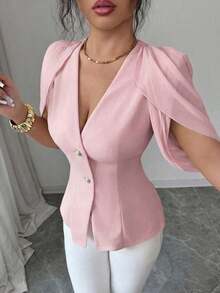 Blazer elegante y romántico para mujer con cuello en V, plisado y cintura ceñida - Rosa vieja - Ver 1