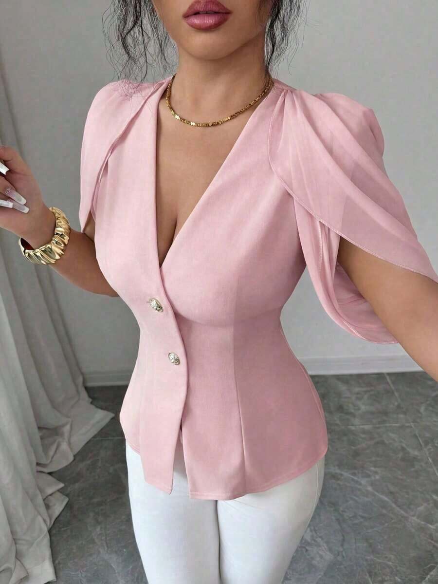 Blazer elegante y romántico para mujer con cuello en V, plisado y cintura ceñida - Rosa vieja - Ver 1