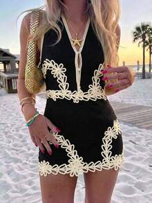 Look Polly Conjunto de 2 piezas de estilo bohemio para mujer en verano, top sin mangas con bordado y falda negra - Negro - Ver 1