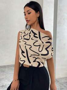 Blusa asimétrica con cuello estampado para mujer - Caqui - Ver 3