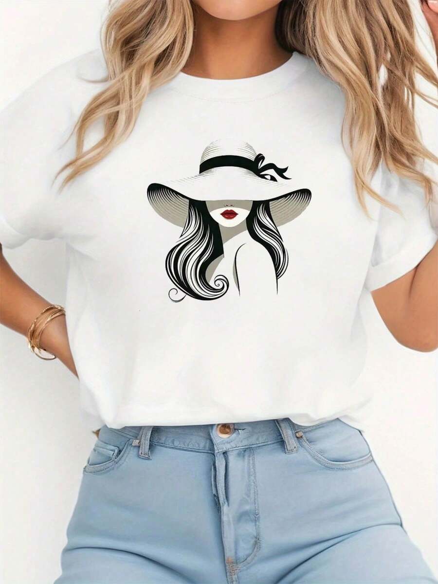 Camiseta de Mujer Estilo Francés Elegante con Capucha, Estampado de Silueta Femenina con Labios Rojos, Cuello Redondo, Manga Corta, Primavera Verano, Tops para Mujer - Blanco - Ver 1